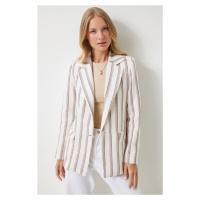 Happiness İstanbul Women's Brown Bone Striped Padded Linen Blend Blazer Jacket