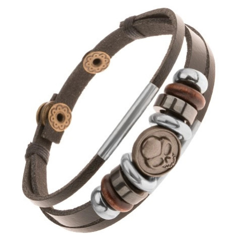 Nastavitelný kožený náramek ze tří pásů, korálky, ocelový kruh s lebkou Šperky eshop