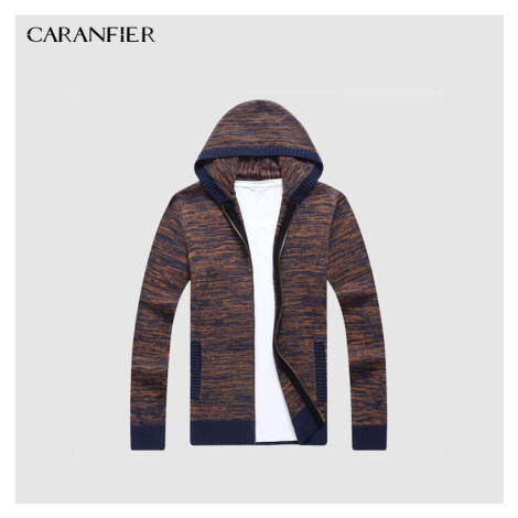 Pánský svetr pletený cardigan s kapucí - ČERVENÝ CARANFLER
