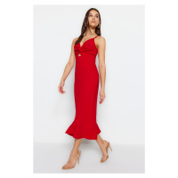 Trendyol Red Crepe, Fitted Straps Cut Out Detailed Ruffles Sweetheart Neck Mini Knitted Dress