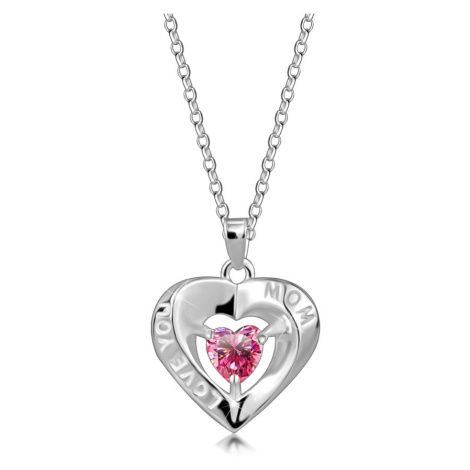 Stříbrný náhrdelník 925 - obrys srdce, růžový srdíčkový zirkon, nápis "LOVE YOU MOM" Šperky eshop