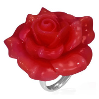 Ocelový prsten - červená rozkvetlá růže, živice