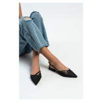 NİŞANTAŞI SHOES Jilly Black Special Woven Straw Buckle Detailed Short Heeled Women's Ballerinas