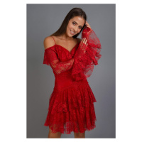 Carmen Red Lace Long Sleeve Short Evening Dress