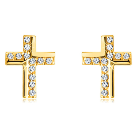 Zlaté náušnice z 9K zlata - křížek ozdobený třpytivými zirkony, lesklý povrch Šperky eshop