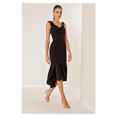 By Saygı Narrow Straps and Linen Short Front Back Long Ruffle Dress Black