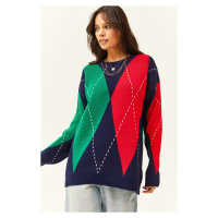 Olalook Women's Navy Blue Claret Red Diamond Patterned Oversize Knitwear Sweater