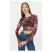 Trendyol Multi-colored Printed Crewneck Fitted/Simple Crop Stretchy Tulle Knitted Blouse