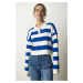 Happiness İstanbul Women's White Blue Stylish Buttoned Collar Striped Crop Knitwear Sweater