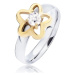 Ocelový prsten, zlatý obrys květu s čirým kulatým zirkonem