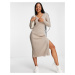 ASOS DESIGN knitted dress with v neck in rib in taupe-Neutral