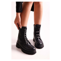 Shoeberry Women's Bowen Black Leather Boots Boots, Black Skin.