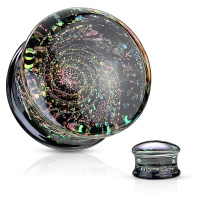 Plug ze skla - černá spodní část s vícebarevnými třpytkami, motiv vesmíru - Tloušťka : 8 mm