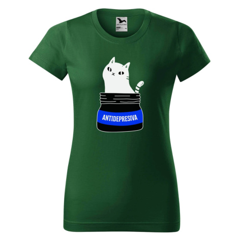 DOBRÝ TRIKO Dámské tričko s potiskem s kočkou ANTIDEPRESIVA Barva: Lahvově zelená