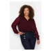 Trendyol Curve Burgundy Long Sleeve Buttoned Chiffon Woven Plus Size Shirt