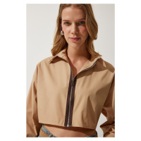 Happiness İstanbul Women's Sand Zipper Poplin Crop Shirt