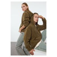 Trendyol Khaki Unisex Oversize/Wide Cut Half Zip Hooded Embroidered Polar Fleece Sweatshirt