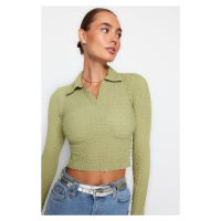 Trendyol Green Premium Textured Fabric Polo Neck Fitted/Situated Crop Knitted Blouse