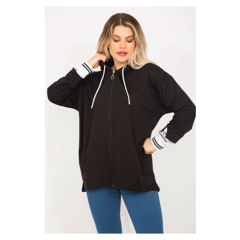 Şans Women's Plus Size Black Sweatshirt with Sleeves Detailed