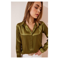 Happiness İstanbul Women's Green Lightly Draped Satin Surface Shirt