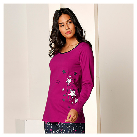 Blancheporte Jednobarevné tričko s dl. rukávy a hvězdami, bavlněný žerzej fuchsie