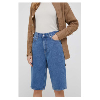Džínové šortky Calvin Klein Jeans dámské, tmavomodrá barva, hladké, high waist