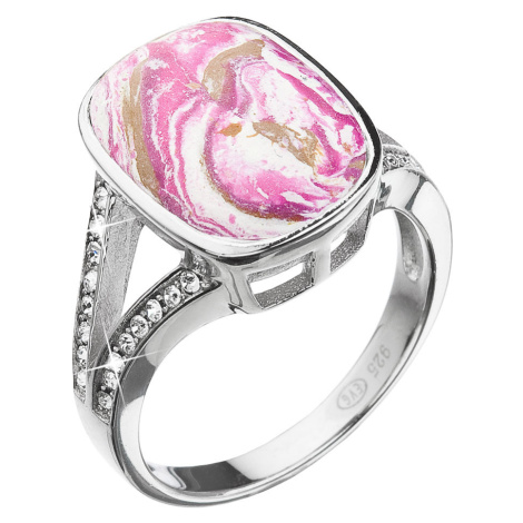 Evolution Group Stříbrný prsten obdélník růžovobílý mramor s krystaly 75014.1