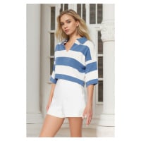 Trendyol Indigo Crop Polo Neck Basic Striped Knitwear Sweater