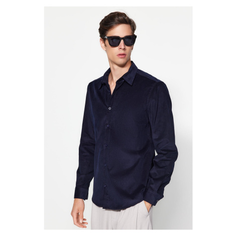 Trendyol Navy Blue Slim Fit Ribbed Velvet Thick Winter Shirt