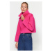 Trendyol Fuchsia Relaxed-Cut Crop Stand-Up Collar Snap Fastener, Fleece Inside Knitted Sweatshir