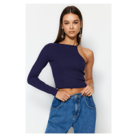 Trendyol Navy Blue Corduroy Fitted/Sleeved Crew Neck One-Sleeve Flexible Knitted Blouse