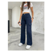 12128 Dewberry High Waist Wide Leg Cargo Pocket Trousers-NAVY BLUE