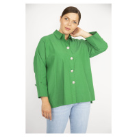 Şans Women's Plus Size Emerald Green Shirt with Buttons and Side Slits