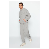 Trendyol Grey Oversize/Wide Cut Hooded Embroidered Warm Sweatshirt Tracksuit