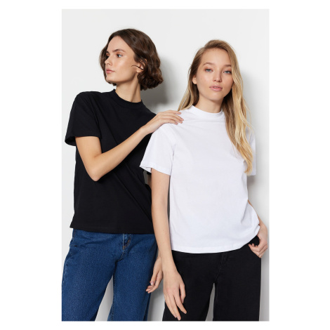 Trendyol White-Black 2-Pack 100% Cotton Basic Stand-Up Collar Knitted T-Shirt