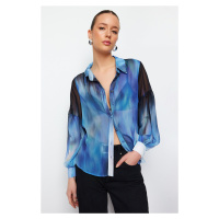 Trendyol Blue Balloon Sleeve Patterned Chiffon Fabric Oversize Wide Fit Woven Shirt