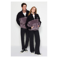 Trendyol Black Unisex Oversize/Wide-Fit Color Block Minimal Embroidery Warm Plush Sweatshirt