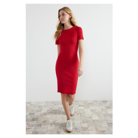 Trendyol Red Midi Crew Neck Ribbed Flexible Knitted Midi Dress