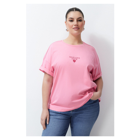 Trendyol Curve Pink Printed Oversize Knitted T-shirt