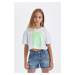 DEFACTO Girl's Crop Crew Neck Printed Short Sleeve T-Shirt