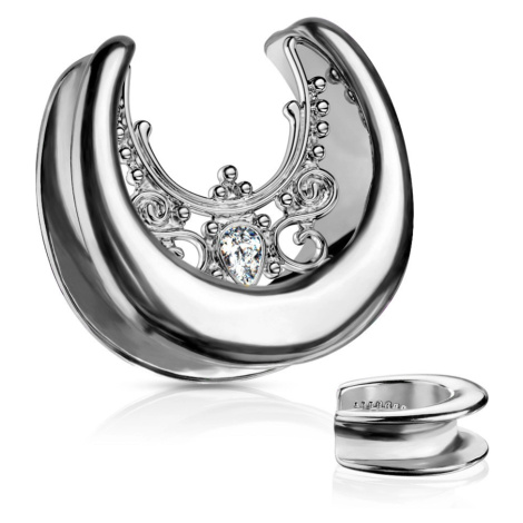 Ocelový plug do ucha ve stříbrné barvě - zirkonová slzička, ornamenty - Tloušťka : 25 mm Šperky eshop