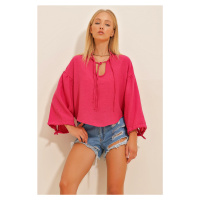 Trend Alaçatı Stili Women's Fuchsia Collar Balloon Sleeve Linen Blouse