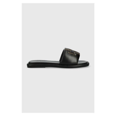 Kožené pantofle Tory Burch Double T Sport Slide dámské, černá barva, 79985