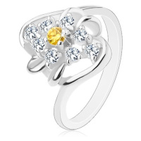 Prsten se zahnutými rameny, žlutý kulatý zirkon s čirým lemováním, obloučky