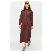 Trendyol Brown Belted Cuffed Cotton Woven Shirt Dress