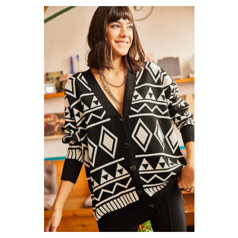 Olalook Women's Black Ethnic Print Oversized Knitwear Cardigan