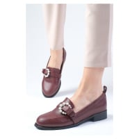 Mio Gusto Women's Claret Red Leather Oxford Shoes with Pearl Buckle