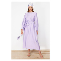 Trendyol Lilac Wide Belted Zipper Cuff Woven Linen Look Dress