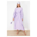 Trendyol Lilac Wide Belted Zipper Cuff Woven Linen Look Dress