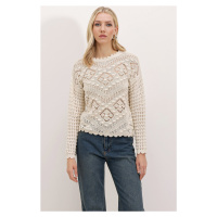 Bigdart 15860 Openwork/Perforated Oversize Sweater - Stone